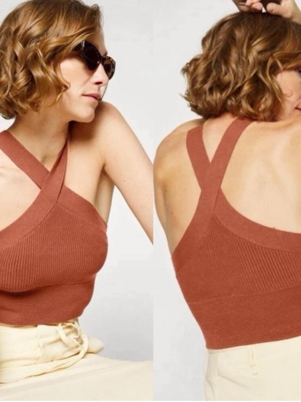 Abercrombie & Fitch Brown Ottoman Halter Cropped Ribbed Tank Top, XL - Picture 3 of 7